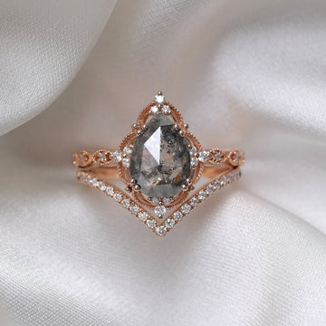 1.70 CT Vintage Inspired Lab Grown Pear Cut Salt & Pepper Diamond Ring with Pave Diamond and Chevron Band