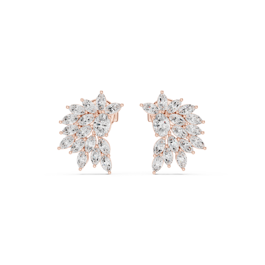 Floral Marquise Cut Lab Diamond Cluster Stud Earrings with Leaf Inspired Design