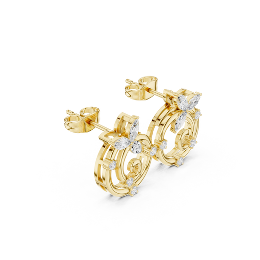 Classic Marquise Cut Lab Diamond Elegant Spiral Earrings With Round Diamond Leaf Accents