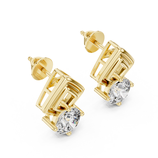 Chevron Round Lab Diamond Stud Earrings with Modern Geometric Open Frame Design
