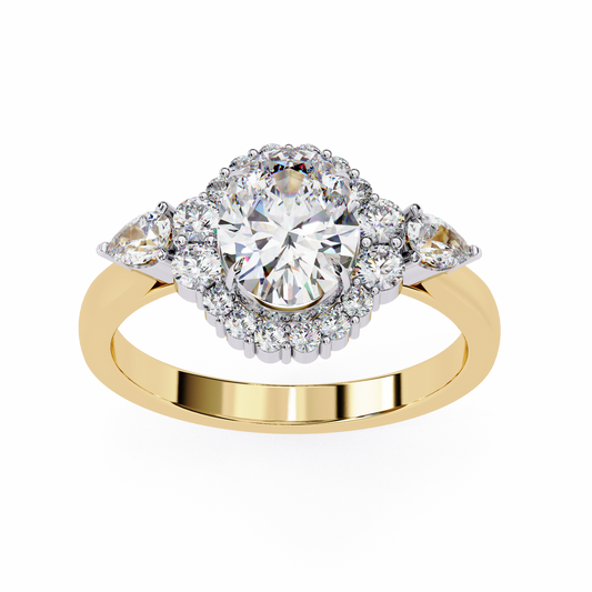 Oval Cut Halo Three Stone Moissanite Diamond Ring