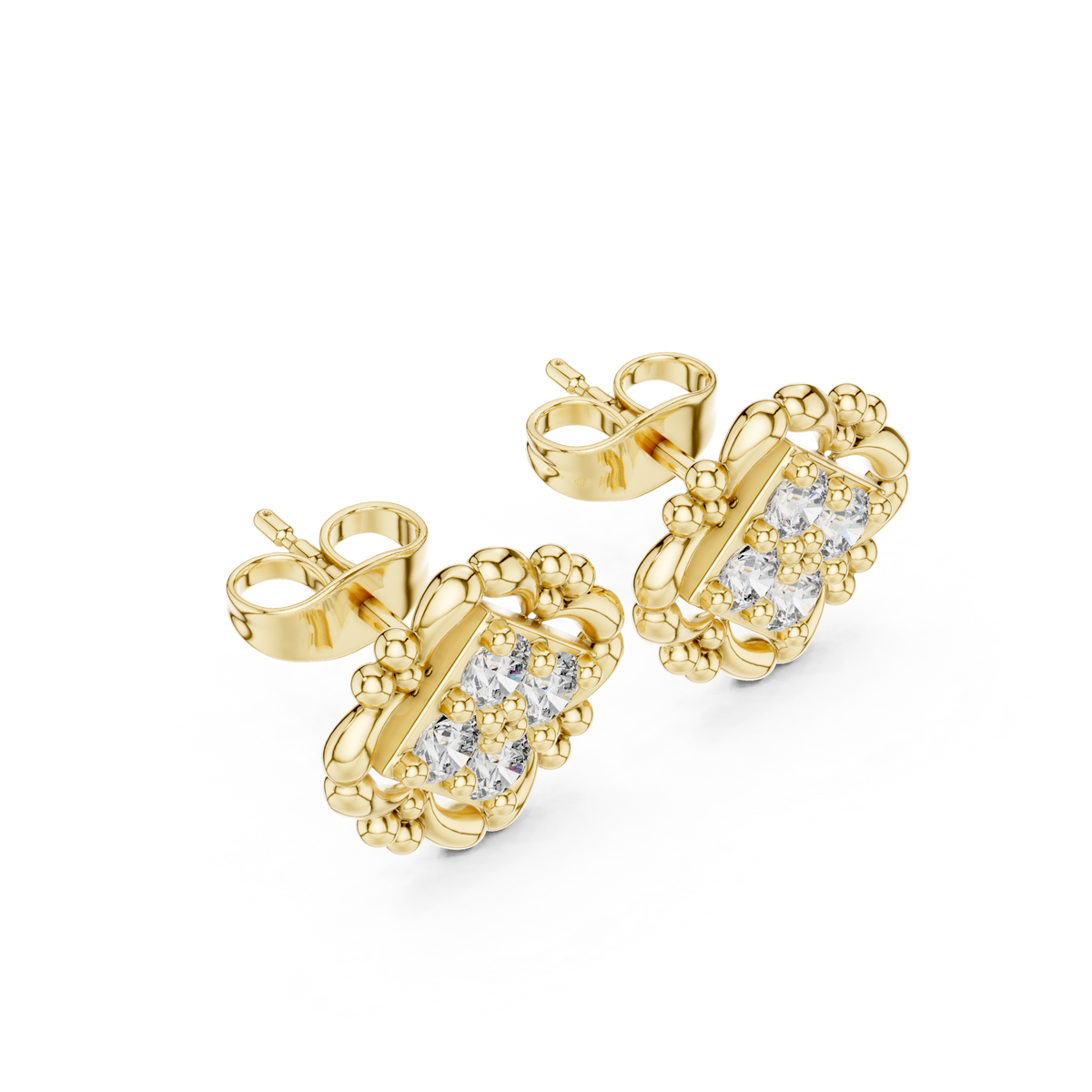 Sculpted Ornate Round Lab Diamond Stud Earrings with Floral Beaded Frame
