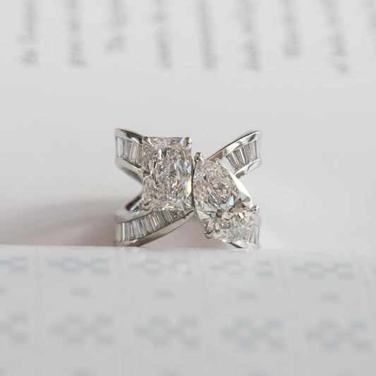 Radiant and Pear Lab Grown Diamond Toi et Moi Baguette Bypass Ring