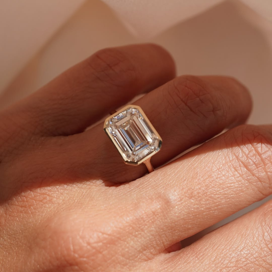 East West Lab Grown Emerald Bezel Set Wedding Ring
