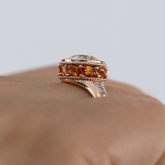 1.25 CT Shiny Bezel Set European Cut Moissanite Diamond with Cognac Marquise Accents Ring Milgrain Detailing Jewelry