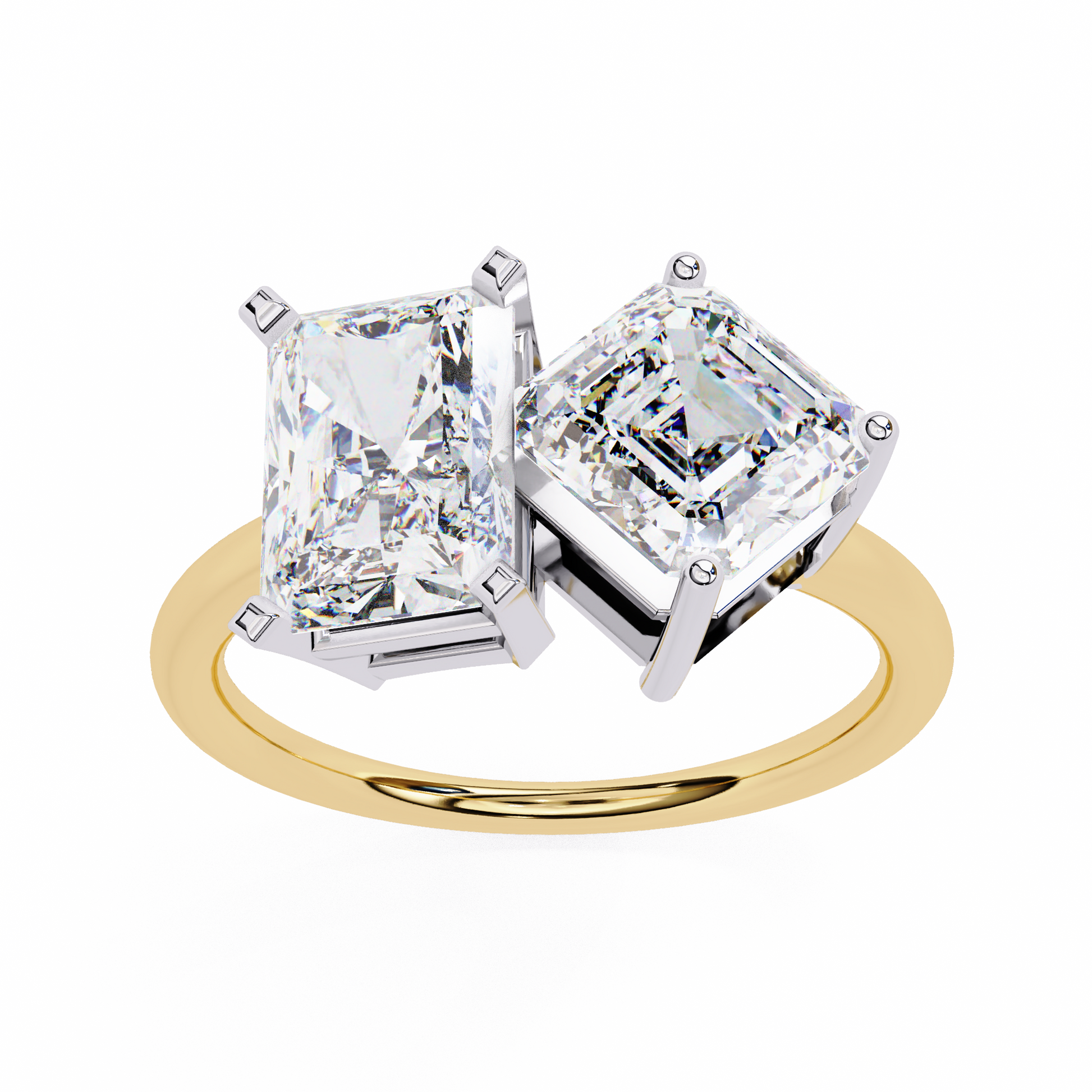 Two diamond earrings on a gold ring