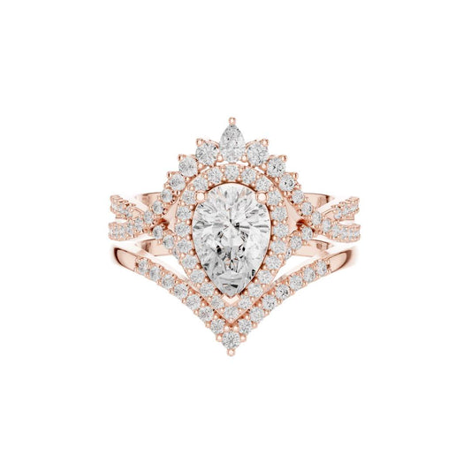 0.57 TCW Regal Vintage Inspired Pear Cut Crown Halo Lab Diamond Statement Ring