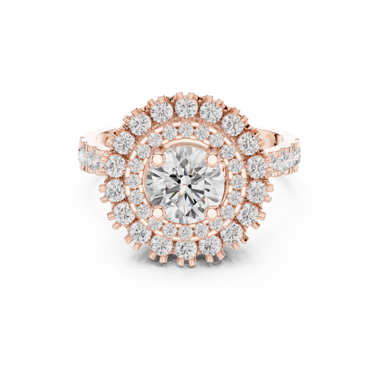 Round Moissanite Diamond Double Halo Starburst Engagement Ring