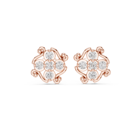 Ornamental Floral Cluster Moissanite Diamond Stud Earrings With Spiral Ribbon Whirl