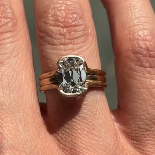Old Mine Cushion Cut Lab Diamond Bezel Engagement Ring With Triple Band