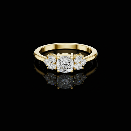 0.65 CT Designer Cushion Cut Moissanite Diamond Ring with Floral Cluster Side Accents