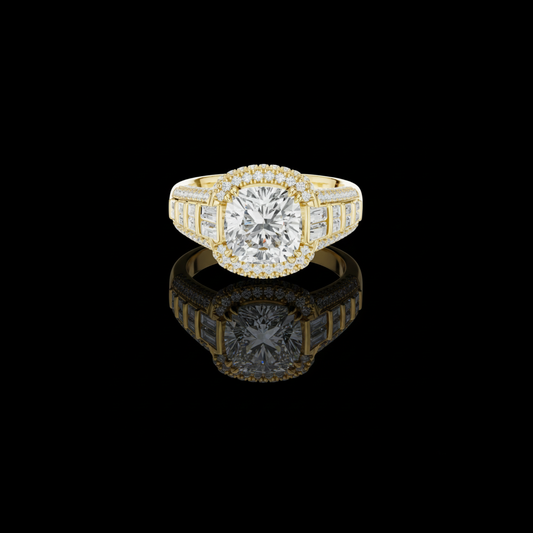 3.00 CT Cushion Center Lab Grown Diamond Pave Halo Setting and Baguette Side Stone Ring Designer Bridal Fine Jewelry