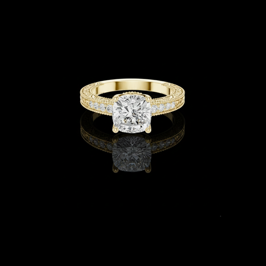 1.78 CT Vintage Inspired Cushion Cut Moissanite Diamond Ring with Detailed Filigree and Pave Band