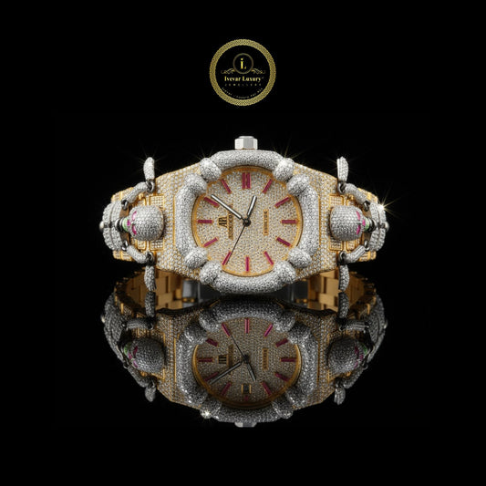 Full Iced Out Custom Skeleton Body Two-Tone Diamond Watch with Ruby Markers Watch