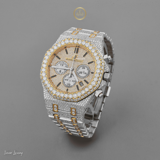 Full Iced Out Two-Tone Diamond Chronograph Watch with Pave Dial & Diamond Bezel