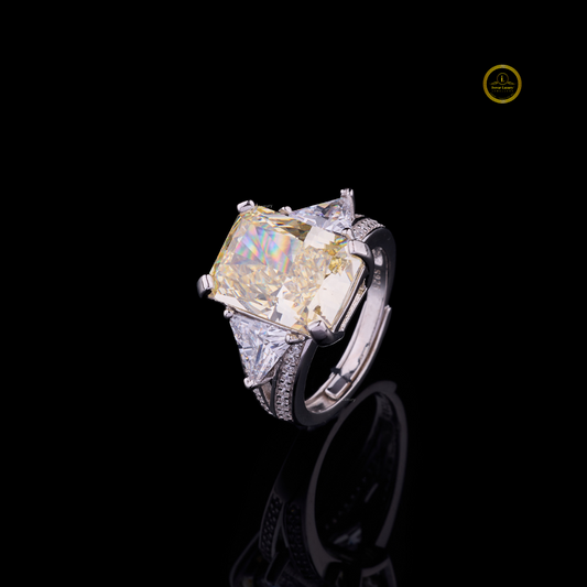 Fancy Intense Yellow Radiant Moissanite Diamond Ring With Trillion Cut Side Diamonds