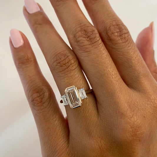 Emerald Cut Lab Grown Diamond Three Stone Engagement Ring
