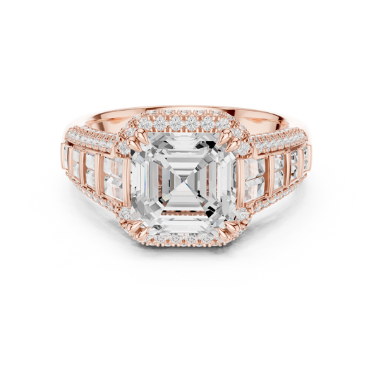 Asscher Cut Halo Lab grown Diamond Ring with Baguette Side Stones