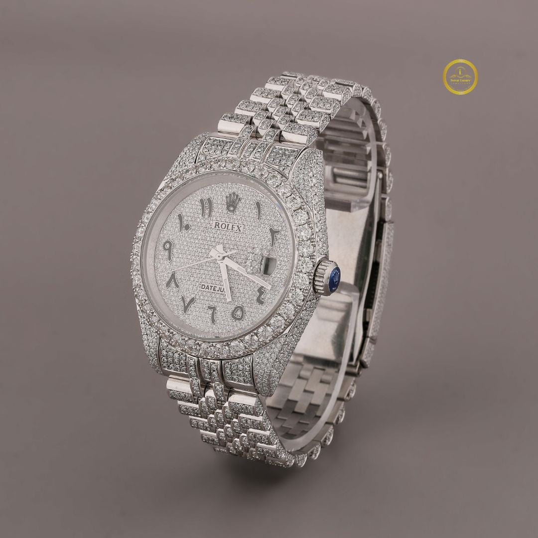 Fully Iced-Out Silver Watch with Elegant Diamond Arabic Dial With 5-Link Band - View 2