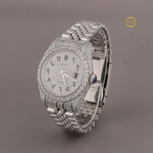 Fully Iced-Out Silver Watch with Elegant Diamond Arabic Dial With Jubilee Band