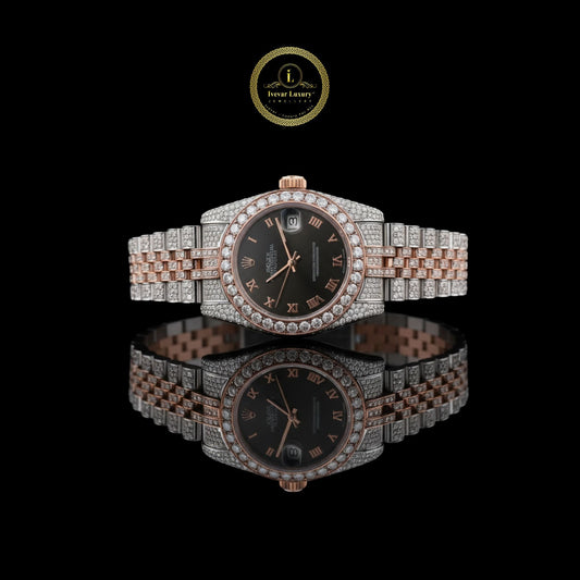 Sustainable Two-Tone Diamond Encrusted Luxury Watch with Black Roman Dial