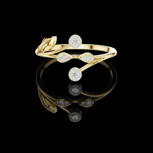 0.11 TCW Sparkling Floral Moissanite Diamond Leaf Open Band Ring Delicate Botanical Jewelry