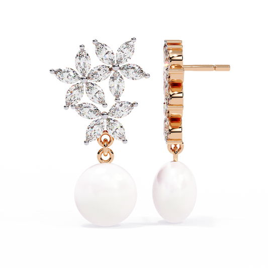 2.39 TCW Marquise Floral Cluster Moissanite Diamond Drop Earrings with Lustrous Pearl Accents