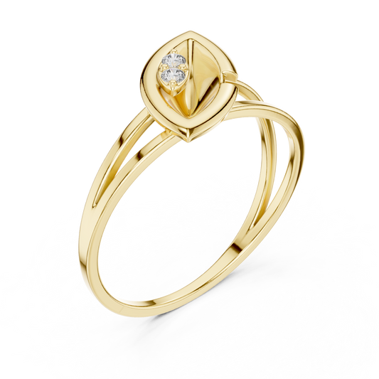 Leaf Solitaire Ring with Bezel Set Moissanite Round Diamond Accent