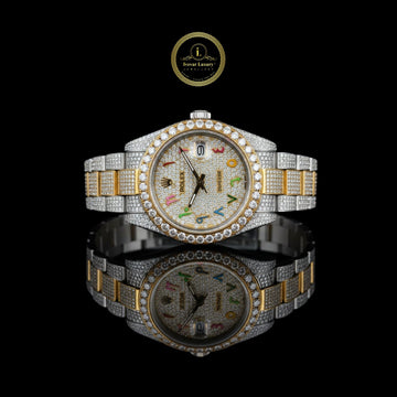 Full Iced Out Two-Tone Diamond Watch with Rainbow Arabic Dial & Day Display