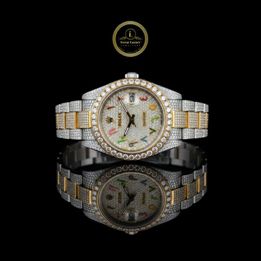 Full Iced Out Two-Tone Diamond Watch with Rainbow Arabic Dial & Day Display