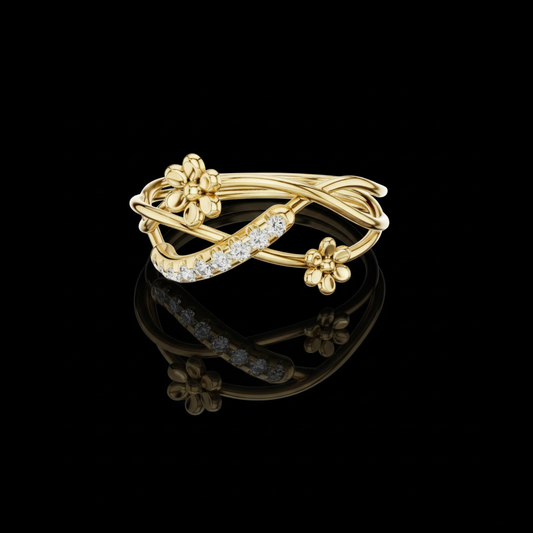 Twisted Pave Band Floral Inspire Moissanite Engagement Ring