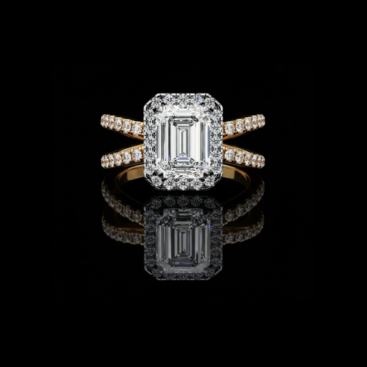 1.67 CT Emerald Cut Halo Lab Grown Diamond Ring with Double Pave Band Fine Jewelry