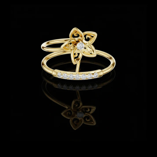 Dual Pave Band Flower Round Moissanite Diamond Ring