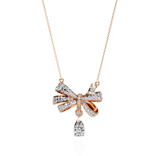 Ribbon Bow Pave Moissanite Diamond Necklace With Pear Drop