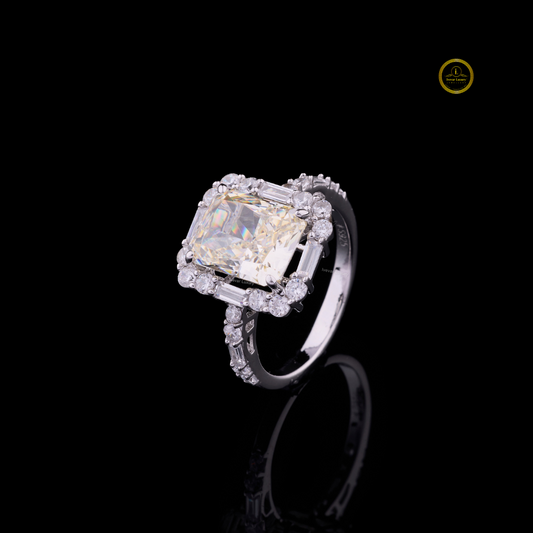 Fancy Intense Radiant Cut Lab Diamond Halo Ring With Baguette Side Stones