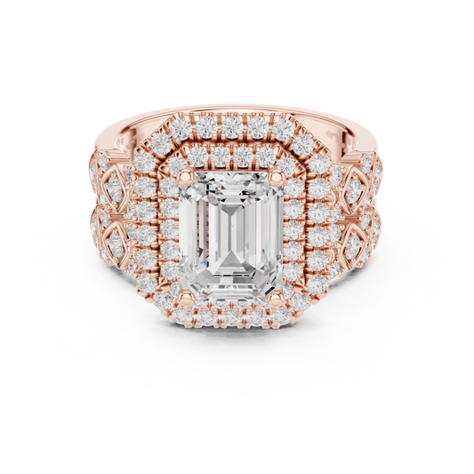 Emerald Cut Moissanite Diamond Halo Ring with Double Pave Setting