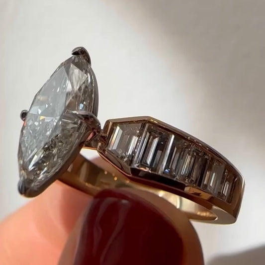 Marquise Cut Moissanite Diamond Engagement Ring With Channel Set Baguette Band