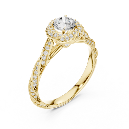 Round Cut Moissanite Diamond Halo Twisted Split Shank Ring