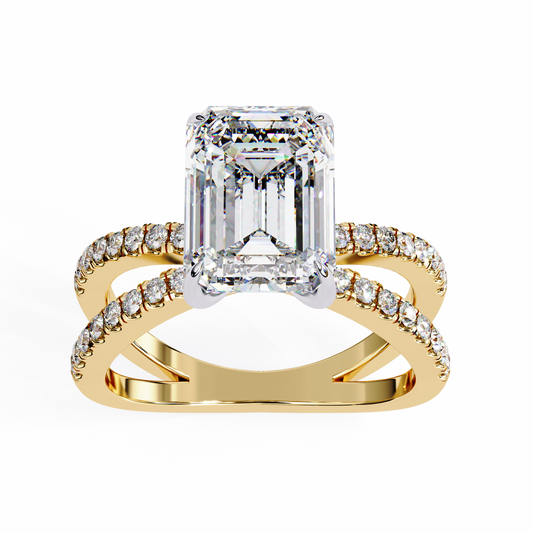 Emerald Cut Split Shank Pave Moissanite Diamond Engagement Ring