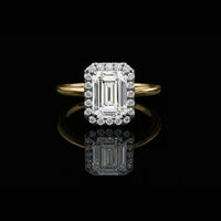 Emerald Cut Halo Moissanite Diamond Ring with Cathedral Setting