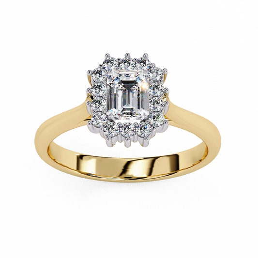 Emerald Cut Scalloped Halo Moissanite Diamond Ring
