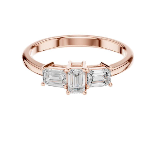 Emerald Cut Three Stone Moissanite Diamond Ring with Baguette Side Stones