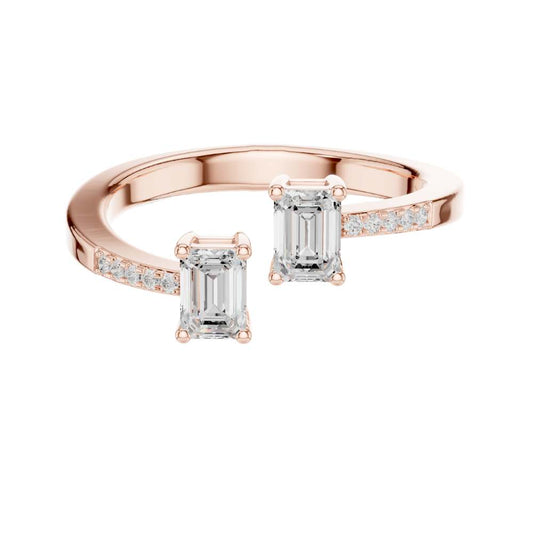 Emerald Cut Moissanite Diamond Toi et Moi Open Pave Bypass Band