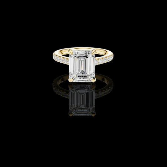 1.10 CT Delicate Emerald Cut Solitaire Moissanite Diamond Ring in Gold with Pave Diamond Band