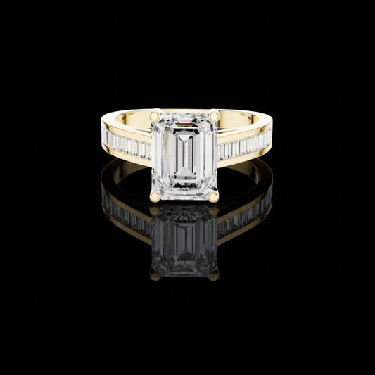 Emerald Cut Moissanite Diamond Ring With Baguette Channel Side Band