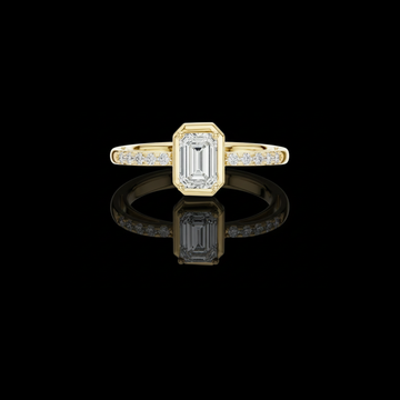 0.59 CT Stylish Emerald Moissanite Diamond Ring with Classy Four Prong with Bezel Setting and Pave Diamond Band
