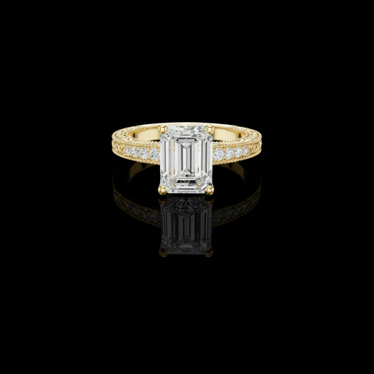 Emerald Cut Moissanite Diamond Band With Pave Set Art Wedding Ring