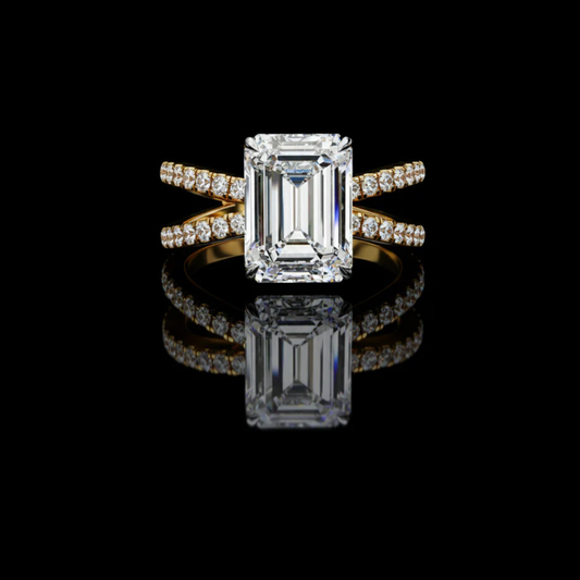 2.56 CT Signature Emerald Cut Moissanite Diamond Ring with Side Accents Pave Double Band For Still Love