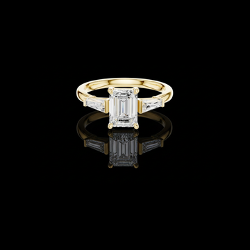 1.90 TCW Aura Emerald Cut Three Stone Lab Grown Diamond Ring with Tapered Baguette Side Stones