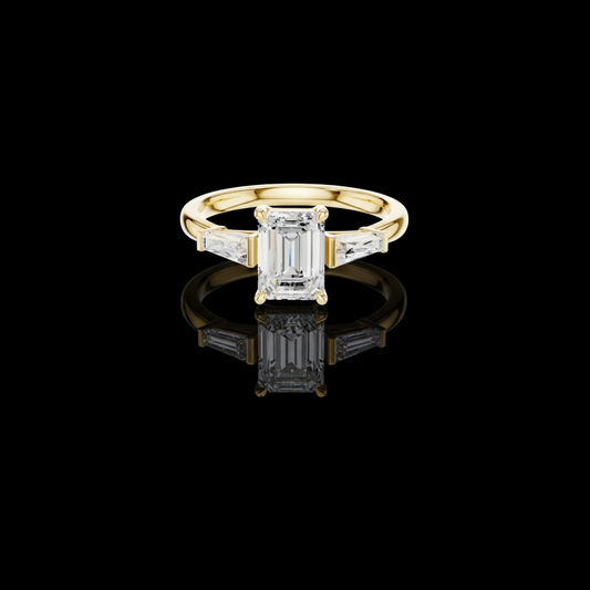 1.90 TCW Aura Emerald Cut Three Stone Lab Grown Diamond Ring with Tapered Baguette Side Stones